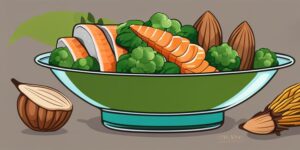 Una mezcla colorida de alimentos saludables, incluyendo nueces, brócoli, arándanos y pescado