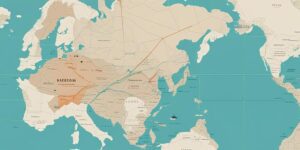 Mapa del mundo con flechas en diferentes direcciones