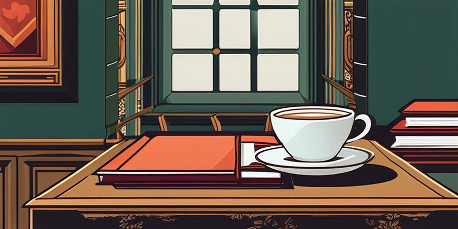 Escritorio con libros y taza de té tranquilizante