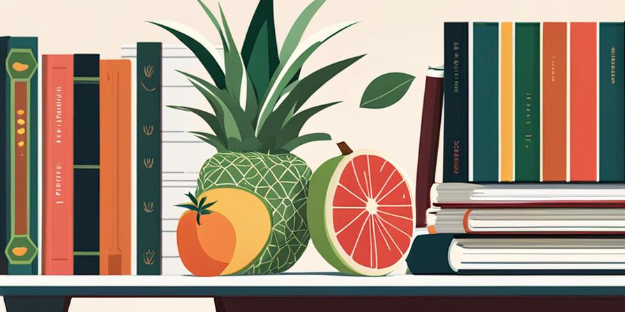 Escritorio con libros, frutas y cerebro