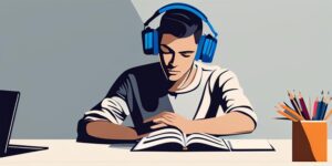 Joven estudiante concentrado estudiando con auriculares