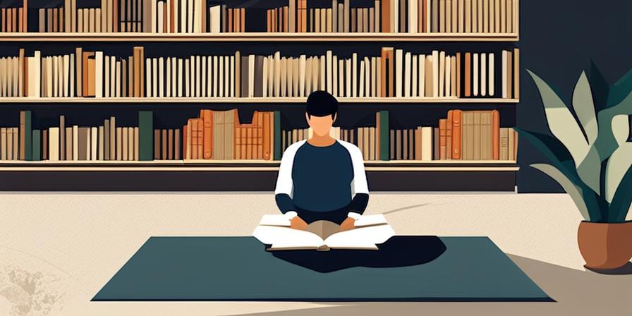 Estudiante meditando rodeado de montañas de libros y notas