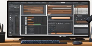 Computadora con teclado y monitor rodeados de código de programación