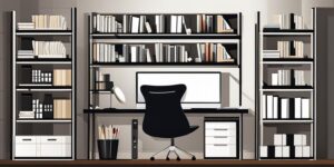 Espacio de estudio organizado con escritorio, estanterías y suministros ordenados
