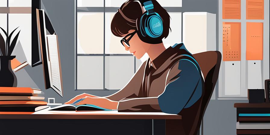 Estudiante concentrado con auriculares en escritorio