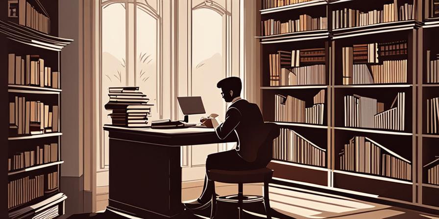 Estudiante pensativo en su escritorio, rodeado de libros y una lámpara de mesa
