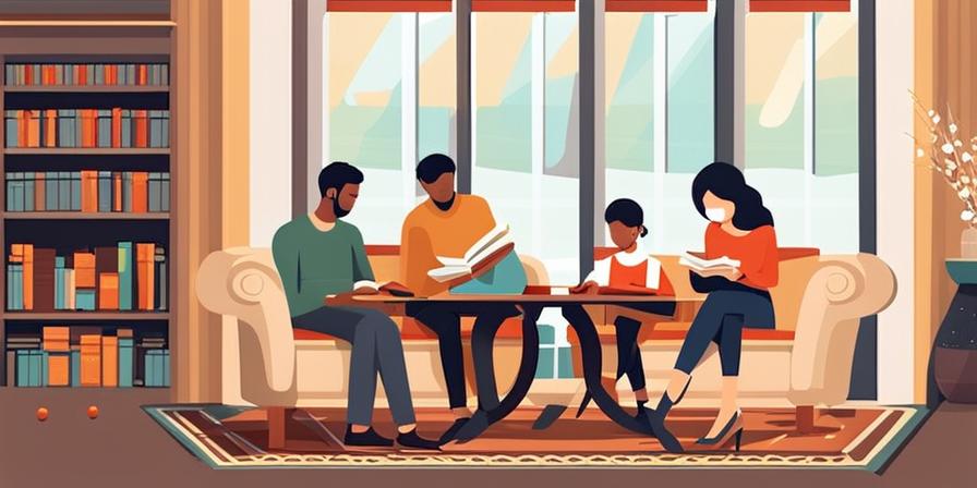 Una familia reunida alrededor de una mesa con libros y conversando