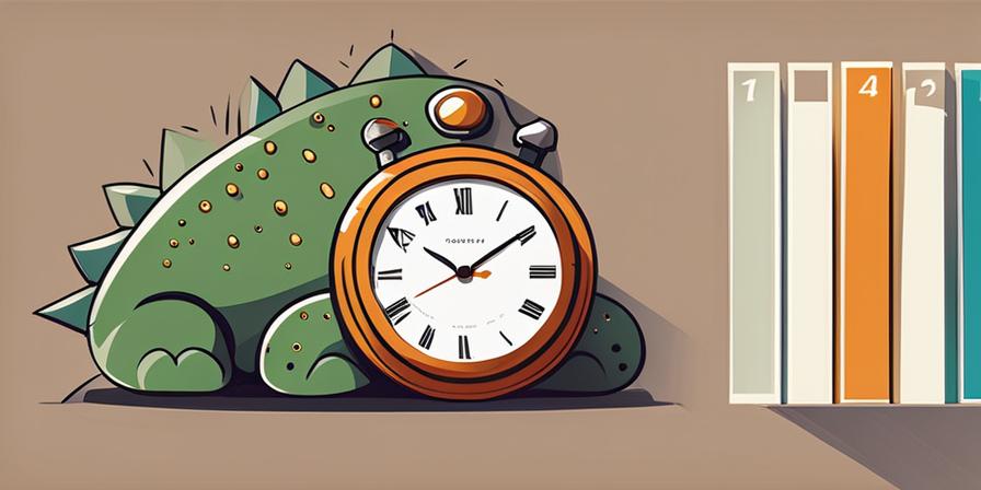 Reloj despertador gigante aplastando monstruo de procrastinación